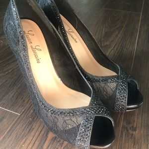 Lauren Lorraine Barrie Crystal Black Lace Pumps